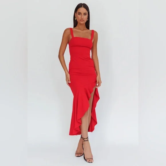 NWT Saints & Secrets Delighted Asymmetric Hem Maxi Dress Red - Picture 2 of 6